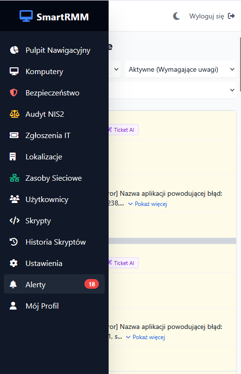Menu mobilne SmartRMM z licznikiem alertów