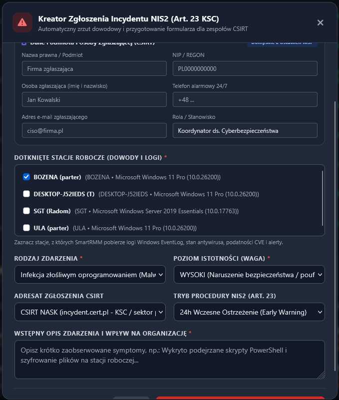 Kreator Zgłoszenia Incydentu NIS2 do CSIRT NASK